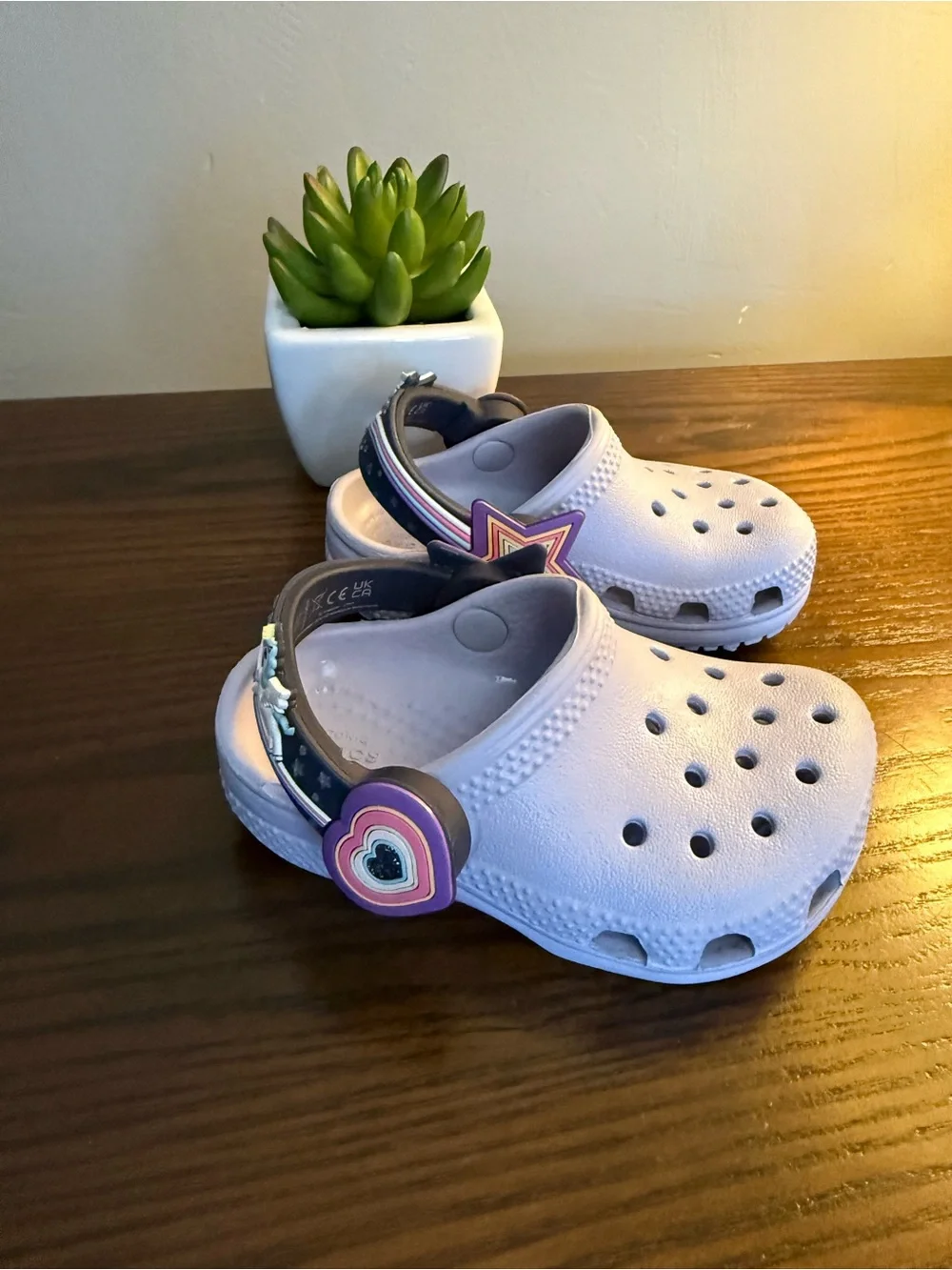 CROCS Kids Classic Clog in Lavender with Navy Strap and Unicorn Charm